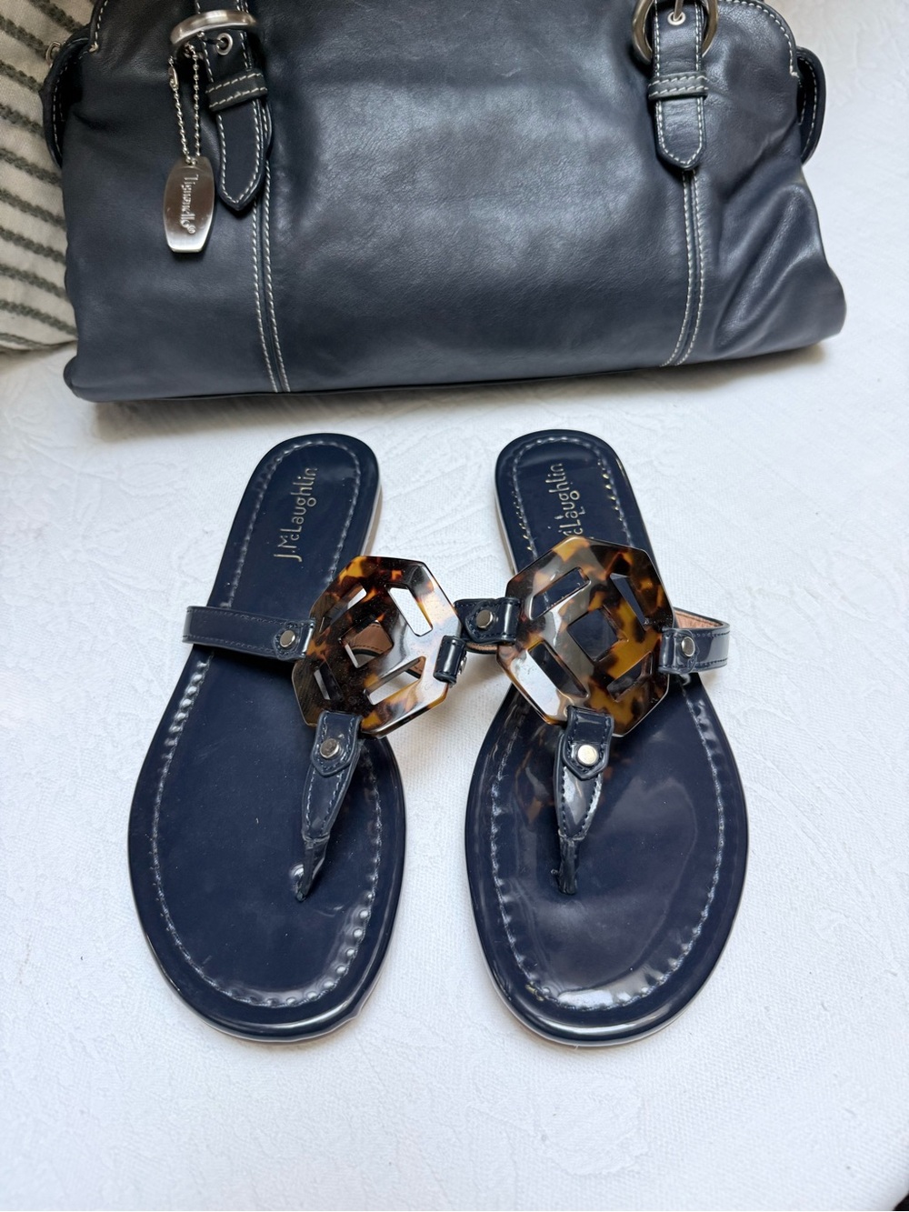 J. McLaughlin Lucy Patent Leather Navy Leather Sandals with Tortoiseshell Accent